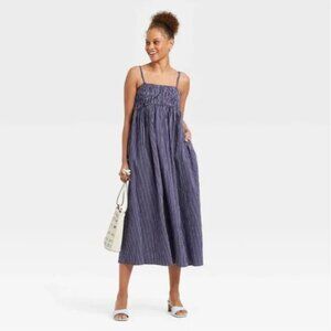 A New Day Striped Smocked Navy Blue Slip Maxi Dress - L